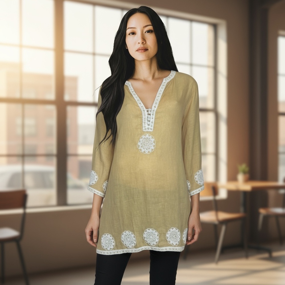 Jeannie McQueeny 100% Linen Beaded Embroidered Embellished V-Neck Tunic
